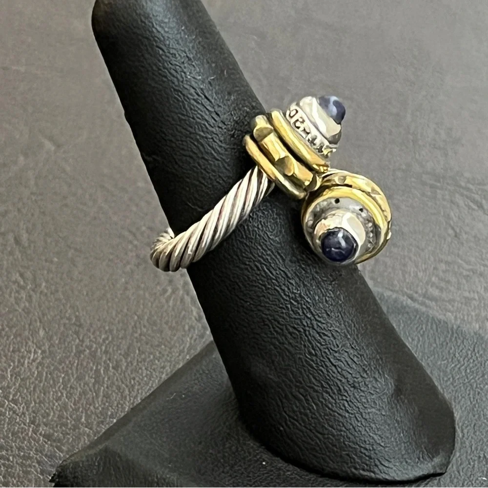 Vintage Taxco Mexico sterling silver brass and lapis cable bypass ring